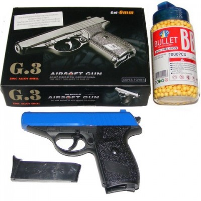 Galaxy G3 Blue Spring Powered PPK Metal BB Gun Pistol 250 FPS & 2000 Pellets